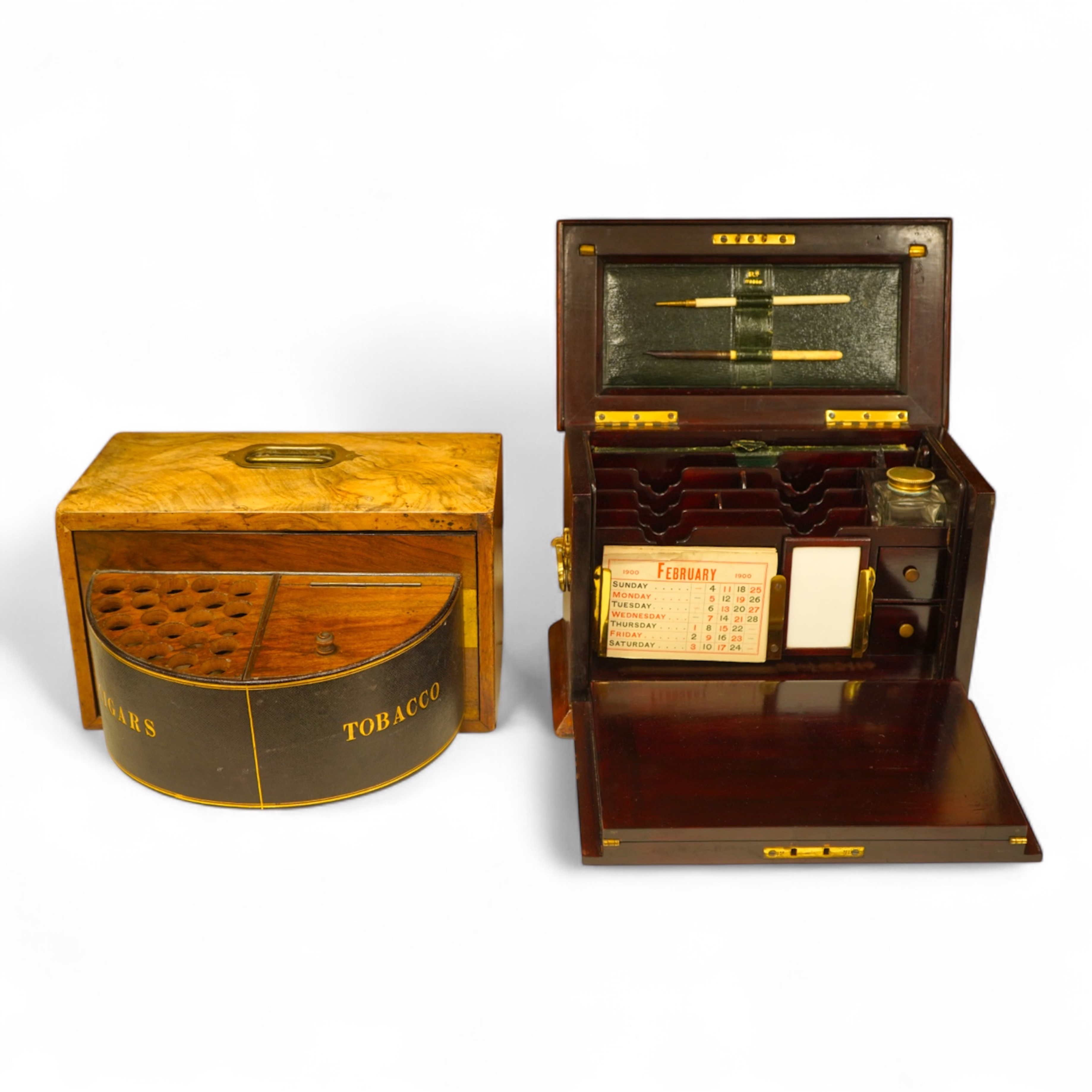 An Edwardian inlaid mahogany writing casket with fitted interior and a late Victorian faded walnut cigar box, largest 32cm wide